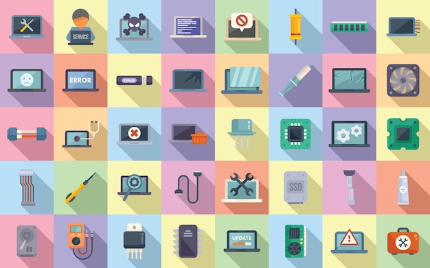 Laptop repair icons set flat vector Repair computer