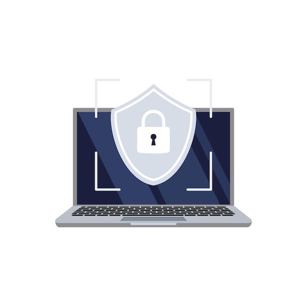 Laptop screen and online cyber security shield.