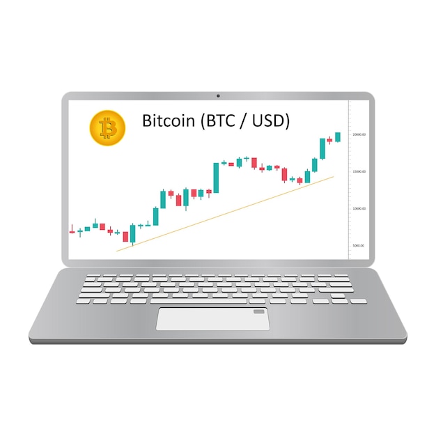 Laptop with bitcoin price chart on the screen isolated on white A computer with a system for trading cryptocurrency Front view Vector EPS10