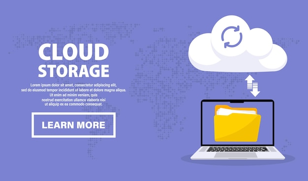Laptop with cloud storage. Exchange of information. Laptop uploads files to cloud server. Cloud computing technology. Hosting, network management, data synchronization, database, remote access