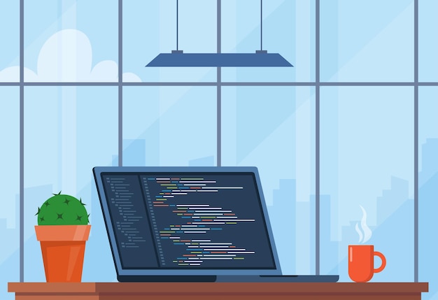 Laptop with cup of coffee and plant in pot Workplace of coder online programmer
