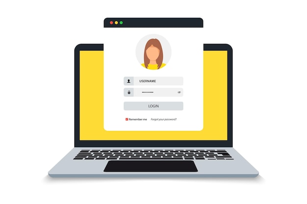 Laptop with login and password form page on screen, registration page. Sign in page, user authorization. Login authentication concept on laptop screen. Notebook and online login form. User profile