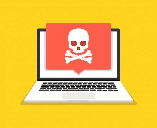 Laptop with skull on the screen. Concept of virus