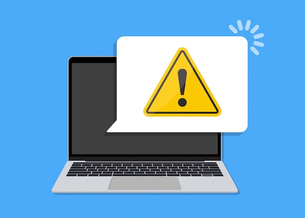 Laptop with warning notification speech bubble in a flat design