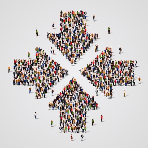 Large group of people in the form of convergent arrows