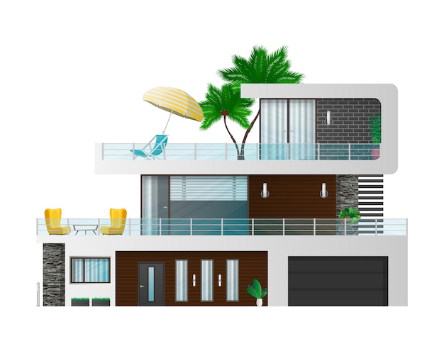 large modern three-story house. cottage, town house with shadows. architectural visualization of the cottage outside.