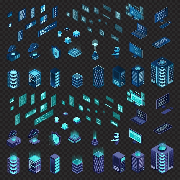 Large set of isometric computer technology Isometric set server equipment Modern technology concept for cloud computing datacenter database Isometric technology
