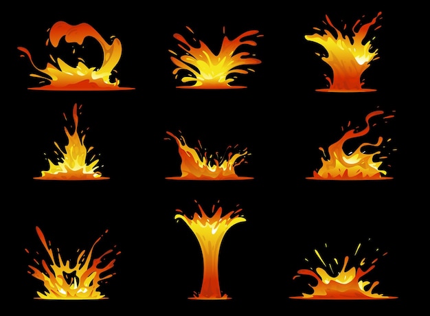 lava splashes game effect dangerous liquid fire magma fountains hot volcano flows molten blobs fiery explosion volcanic eruption fluid flame blast 2d design elements vector set