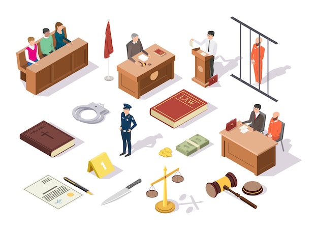 Law and justice isometric icon set vector illustration
