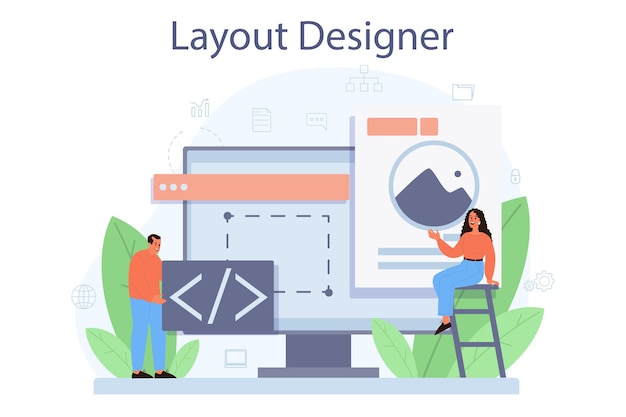 layout designer concept. web development, mobile app design. people building user interface template. computer technology.
