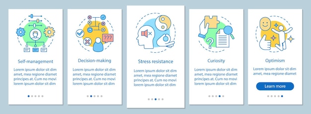 Leader and management skills onboarding mobile app page screen vector template. HR soft qualities. Decision making, curiosity, optimism walkthrough website steps. UX, UI, GUI smartphone interface