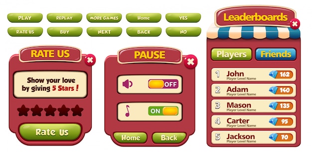 Leader boards, Pause and Rate us menu pop up screen with stars and button
