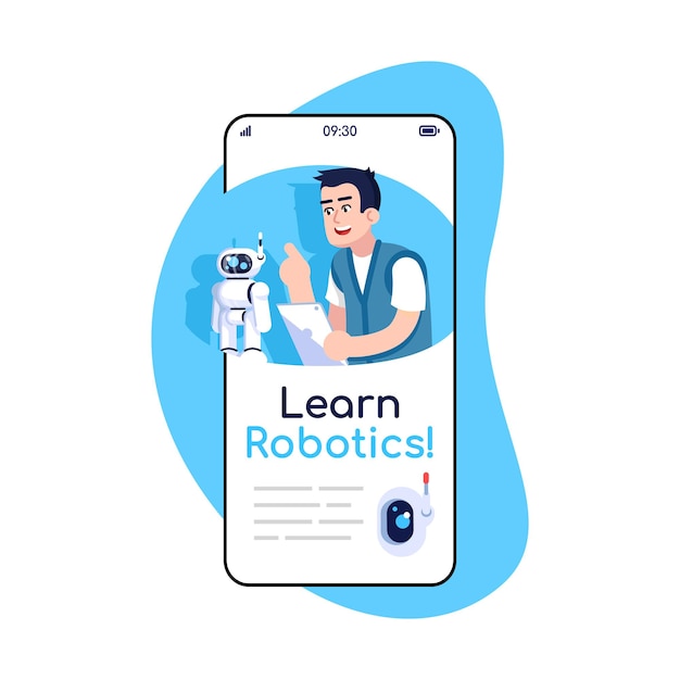 Learn robotics social media posts smartphone app screen. Mobile phone displays with cartoon characters design mockup. Studying electronics. Robot engineering application telephone interface