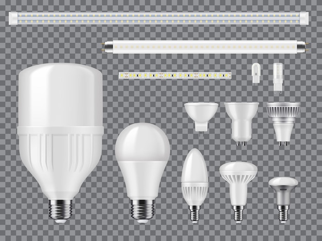 LED and halogen light bulbs, linear lamps and strips mockup. Realistic vector modern ligtbulbs with diodes, screw and pin type bases, heat sinks and matted glass. High efficient, eco illumination tech