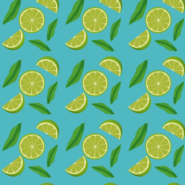 Lemon slices and leaves pattern in blue background