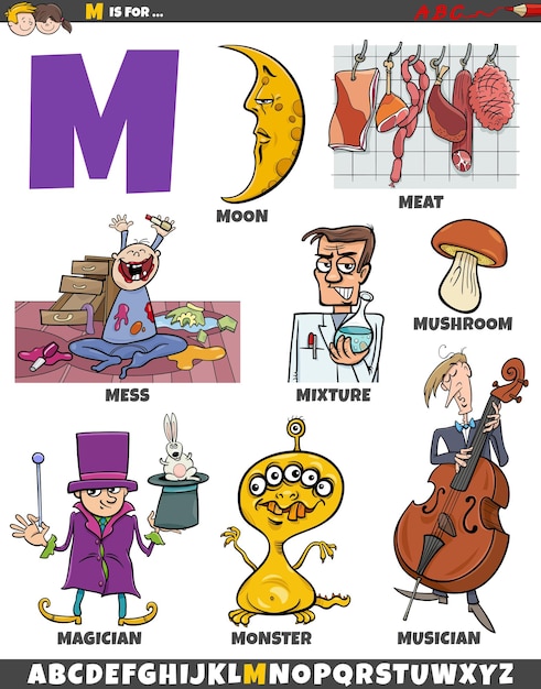 letter m set with cartoon objects and characters