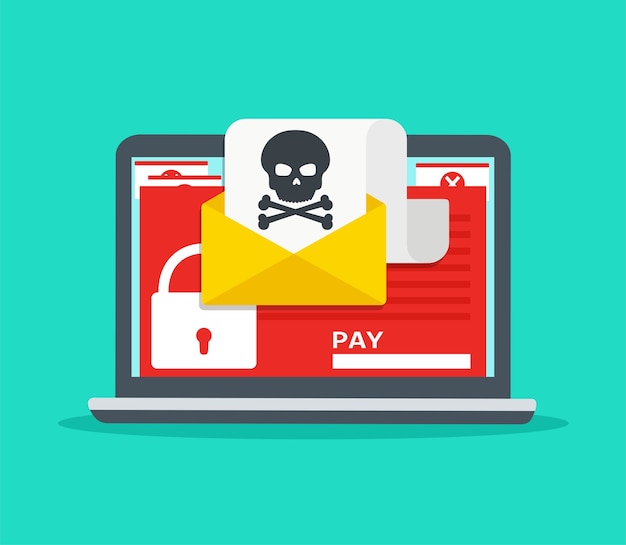 letter on laptop with malware. hacker attack, virus - extortionist, email fraud, encrypted files. concept of security on internet.