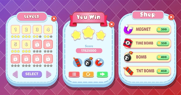 Level complete, shop and levels selection menu pop up with buttons