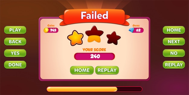 Level Failed menu pop up screen with stars and button
