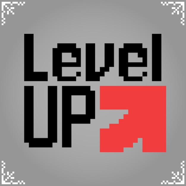 Levelup icon in 8 bit pixel art Show fonts for retro games in vector illustrations