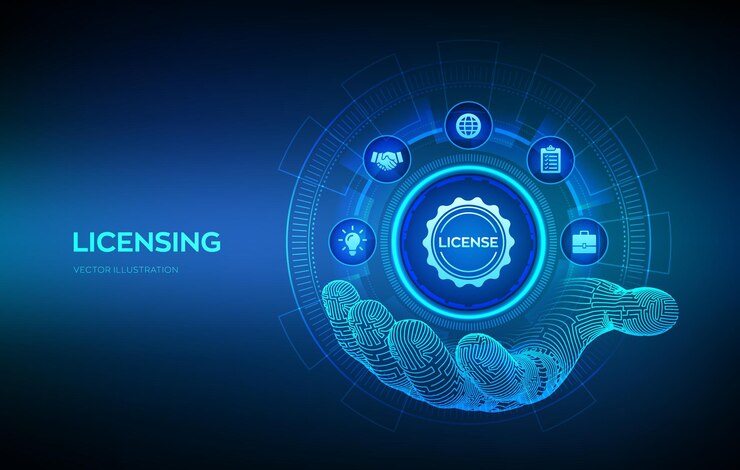 Vector licensing icon in robotic hand license agreement copyright protection law license property rights business technology concept vector illustration