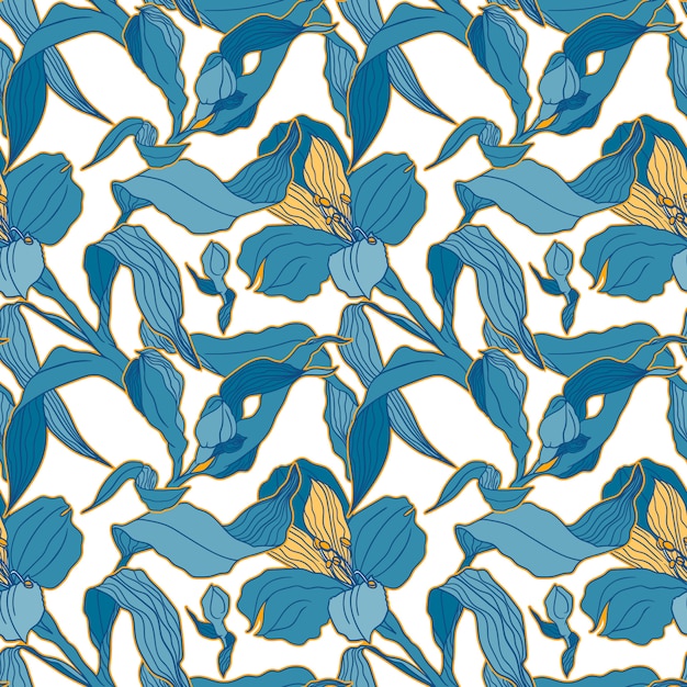 light blue seamless pattern with high detalised alstroemeria buds and flowers
