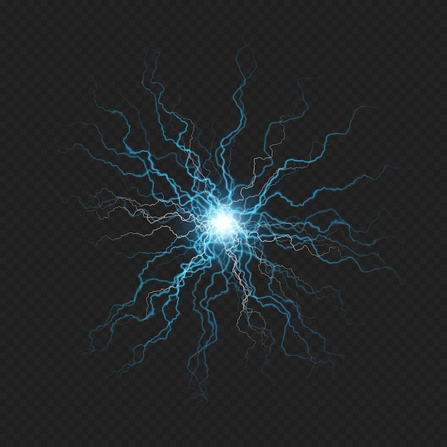 lightning flash discharge of electricity on transparent background. blue electrical visual effect. 