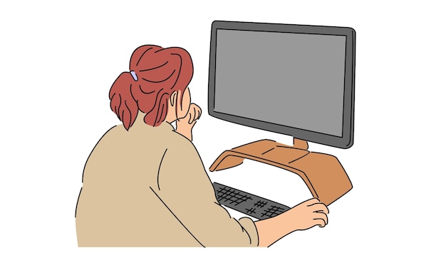 line art color of businesswoman working with computer