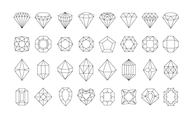 Linear diamond icons Crystal gems luxury gemstones and jewels diamonds outline Brilliant gem faceted precious stones minimal geometric style shapes vector set with editable stroke paths