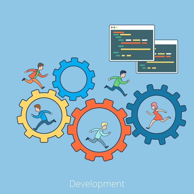 Linear Flat People running on cogwheel and inside, Program code interface window. Business development concept.