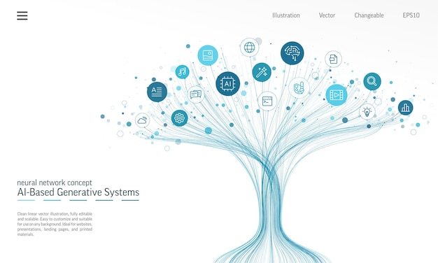 Linear vector illustration AI powered growth tree Digital technology content creation icons Neural network background Image video audio text symbols Artificial intelligence as media generator