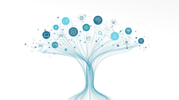 Linear vector illustration AI powered growth tree with digital technology icons Neural network background Big data science cloud server concept Abstract vector modern business infographic design