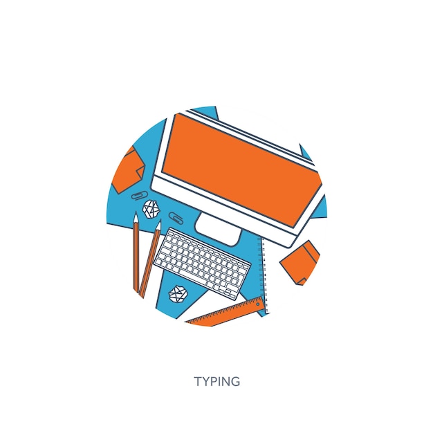 Lined outline vector illustration flat typewriter and laptop with hands tell your story author