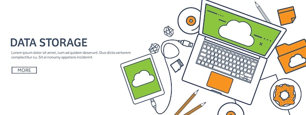 lined outline vector illustration workplace table with documents computer flat cloud computing
