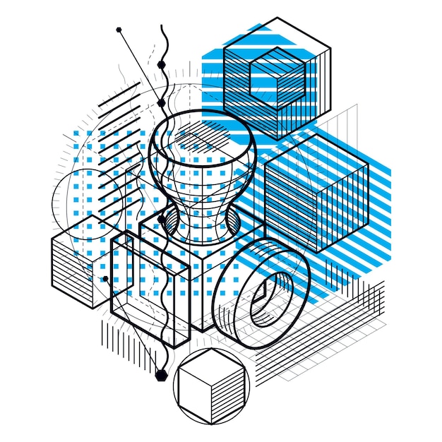 Lines and shapes abstract vector isometric 3d background. Layout of cubes, hexagons, squares, rectangles and different abstract elements.