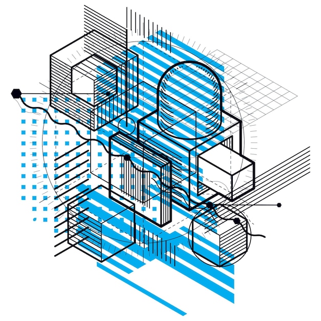 Lines and shapes abstract vector isometric 3d background. Layout of cubes, hexagons, squares, rectangles and different abstract elements.