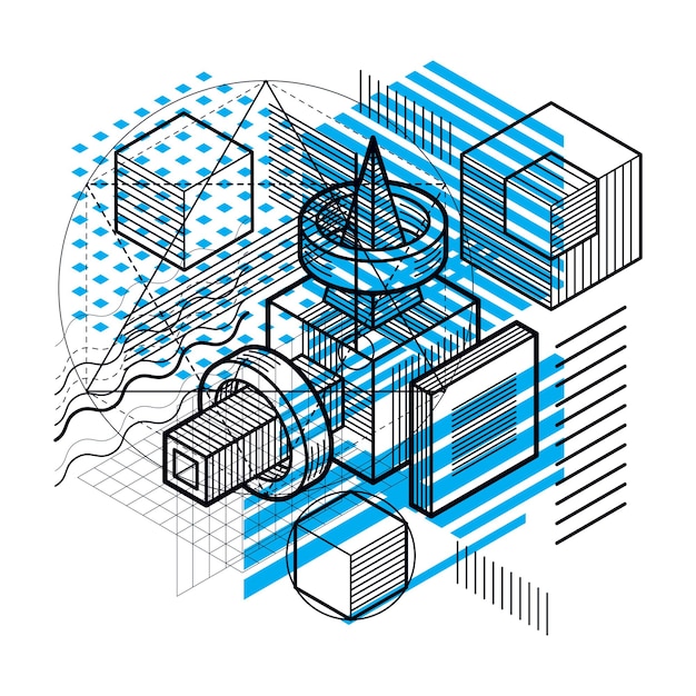 Lines and shapes abstract vector isometric 3d background. Layout of cubes, hexagons, squares, rectangles and different abstract elements.