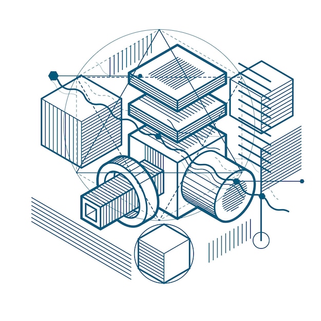 Lines and shapes abstract vector isometric 3d background. Layout of cubes, hexagons, squares, rectangles and different abstract elements.