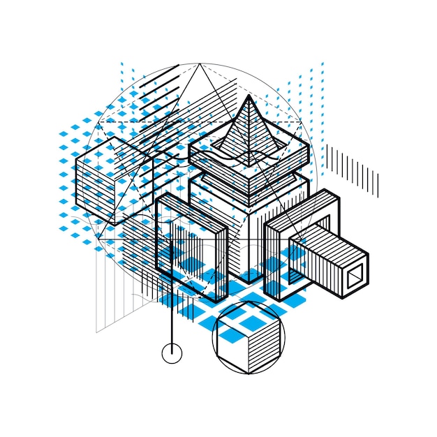 Lines and shapes abstract vector isometric 3d background. Layout of cubes, hexagons, squares, rectangles and different abstract elements.