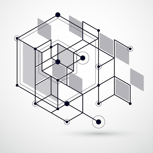 lines and shapes abstract vector isometric 3d black and white background. abstract scheme of engine or engineering mechanism. layout of cubes, hexagons, squares, rectangles and different elements