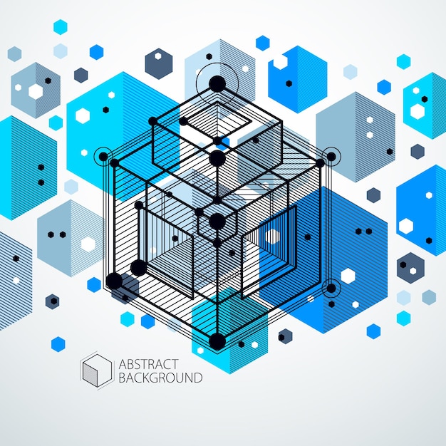 Lines and shapes abstract vector isometric 3D blue background. Abstract scheme of engine or engineering mechanism. Layout of cubes, hexagons, squares, rectangles and different abstract elements.