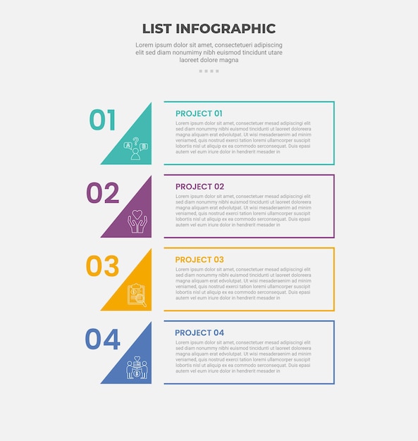 list vertical stacked process infographic outline style with 4 point template with creative triangle with rectangle sharp edge for slide presentation