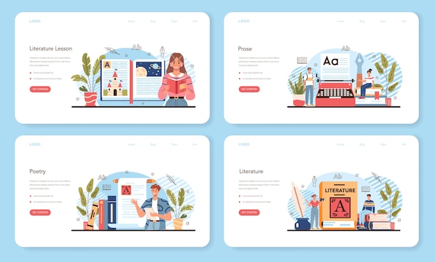 literature school subject web banner or landing page set. study ancient writer and modern novel. prose and poetry work. literary academic course. idea of education and knowledge. vector illustration