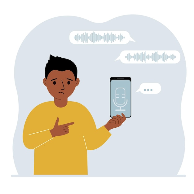 Little boy holding smartphone using voice assistant app Voice recognition concept Smart speaker applications office controller handsfree phone calls voice command software