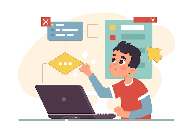Little boy programming and coding computer science education for kids web apps and software