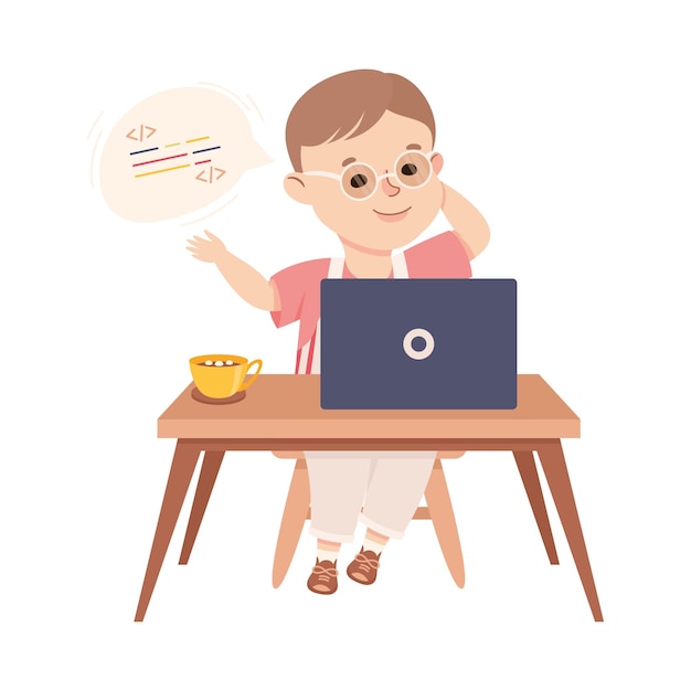 little boy sitting at laptop and coding programming and engineering smart technology and artificial intelligence vector illustration