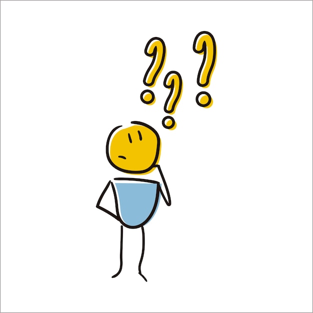 Little character thinking under question marks Doubts and questions concepts Problem solving Vector