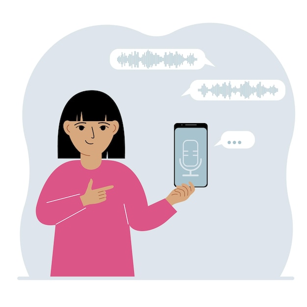 Little girl holding smartphone using voice assistant app Voice recognition concept Smart speaker applications office controller handsfree phone calls voice command software