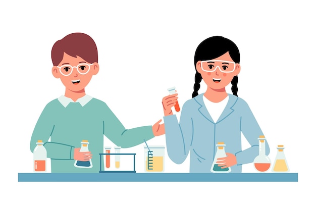 Little Students Doing Chemical Experiment Chemistry laboratory Little boy and girl scientist