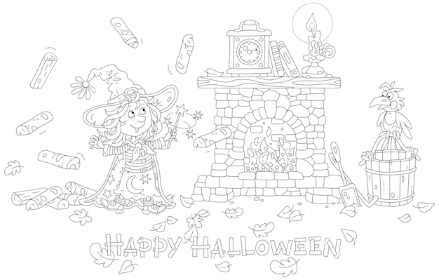 Little witch waving her magic wand and conjuring a funny trick with flying firewood for a fireplace